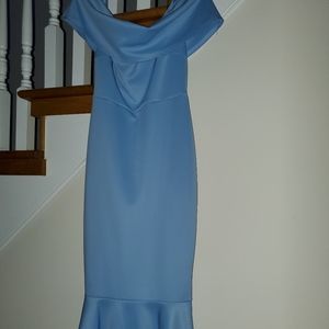 Blue off the shoulder peplum midi dress